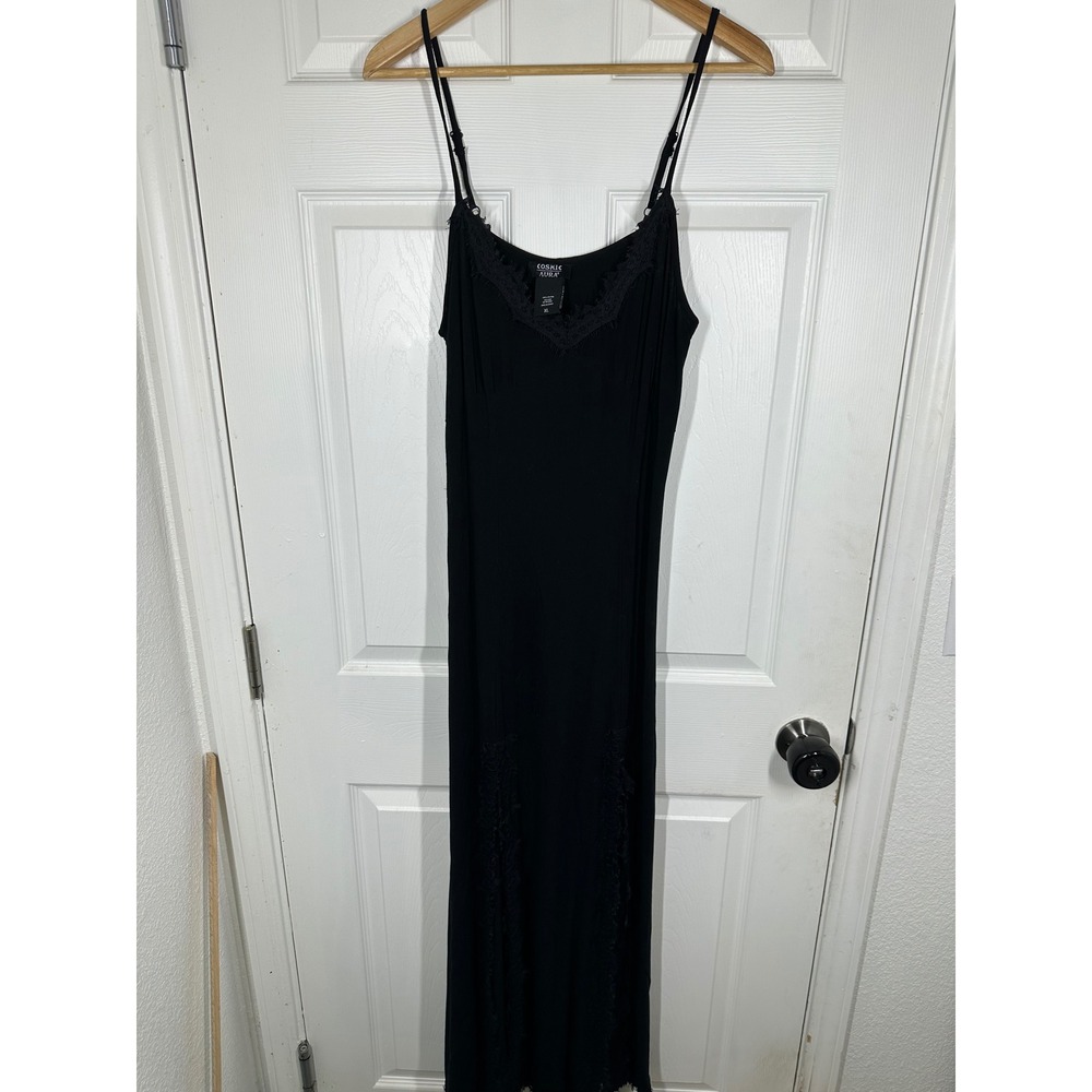 Cosmic Aura Maxi Dress Womens XL Black Lace Trim Slip Gown Eyelash Detail